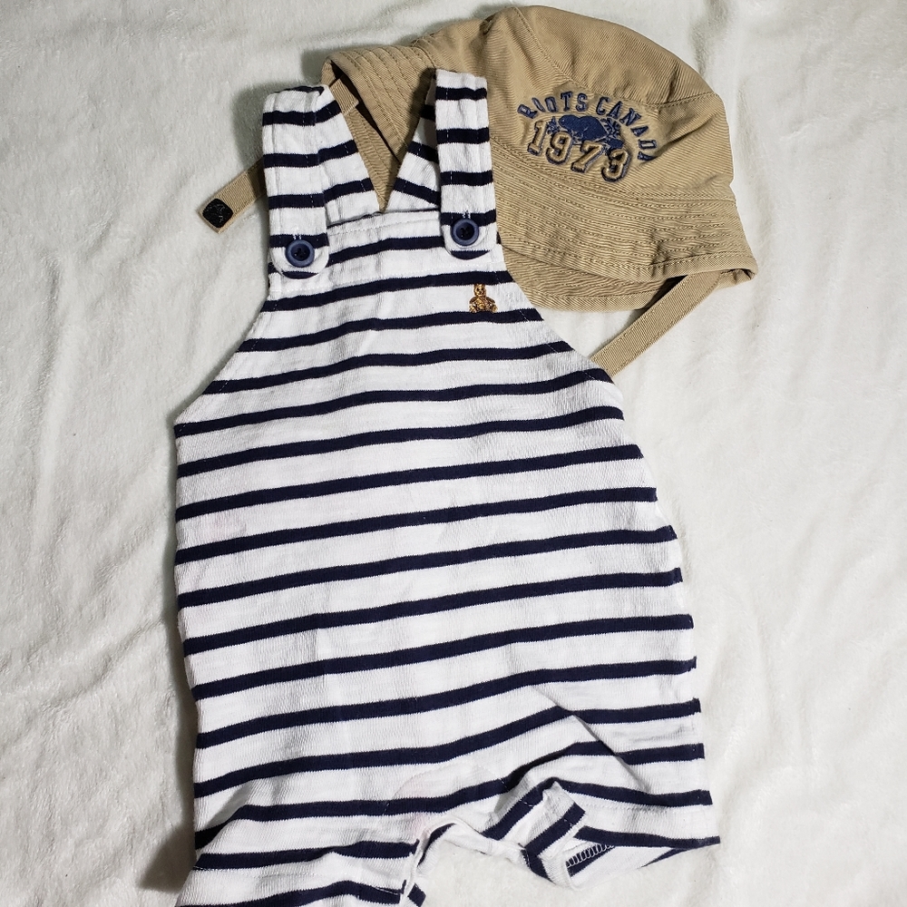 Baby Gap Navy striped Nautical Shortalls/Overalls and Roots canvas hat